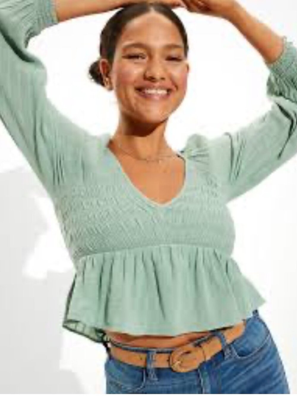American Eagle Size Xl Smocked Babydoll Top Milkmaid Long Sleeves Green Ruffle